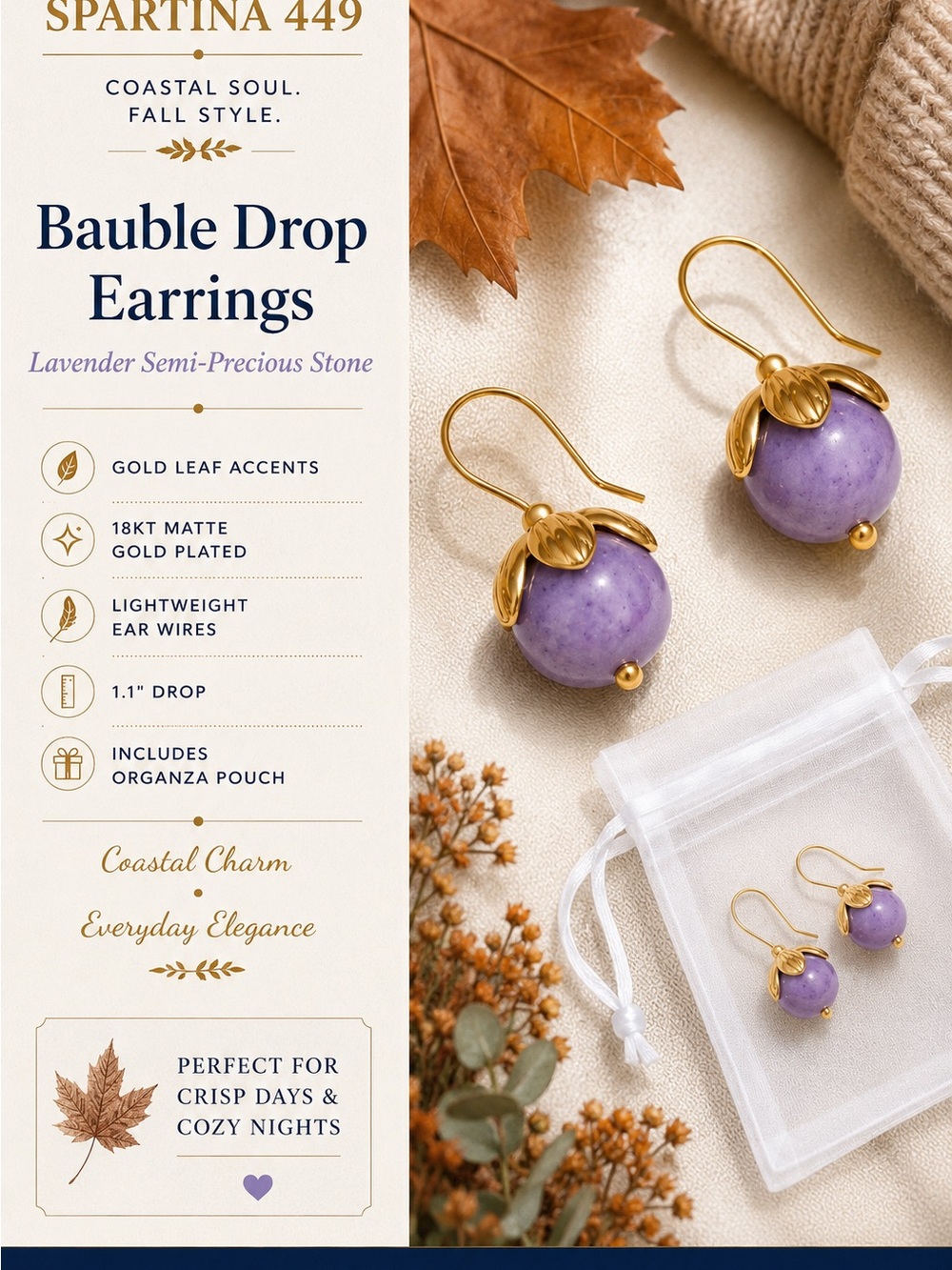 Spartina 449 Gold-Accented Lavender Bauble Drop Earrings